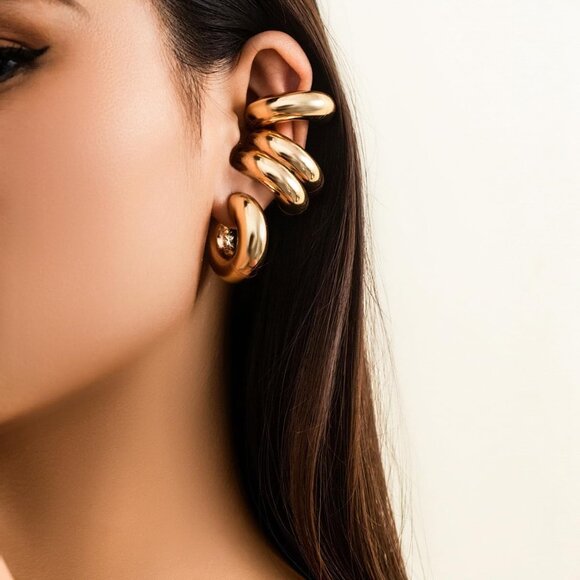 Set of 4 Chunky Gold Silver Non-Piercing Ear Cuffs for Women Stylish Clip-On Wra - Picture 2 of 7